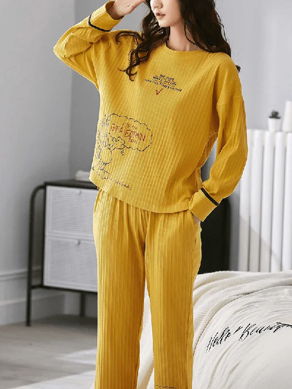 women-ribbed-letter-print-cartoon-graffiti-pullover-elastic-waist-pocket-home-casual-yellow-pajama-set