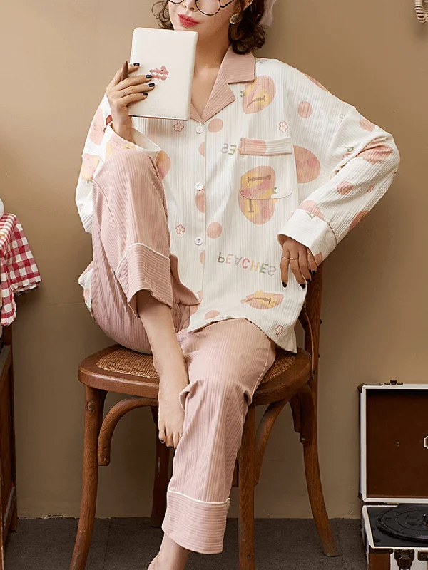 Women Ribbed Letter Print Revere Collar Shirt Elastic Waist Pants Home Cotton Pajama Set