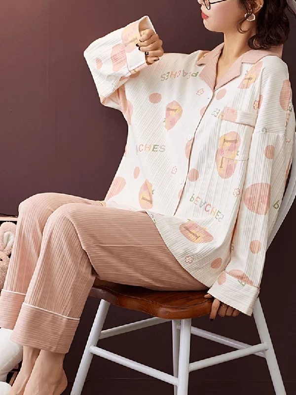 women-ribbed-letter-print-revere-collar-shirt-elastic-waist-pants-home-cotton-pajama-set