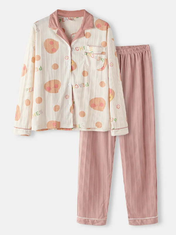 women-ribbed-letter-print-revere-collar-shirt-elastic-waist-pants-home-cotton-pajama-set