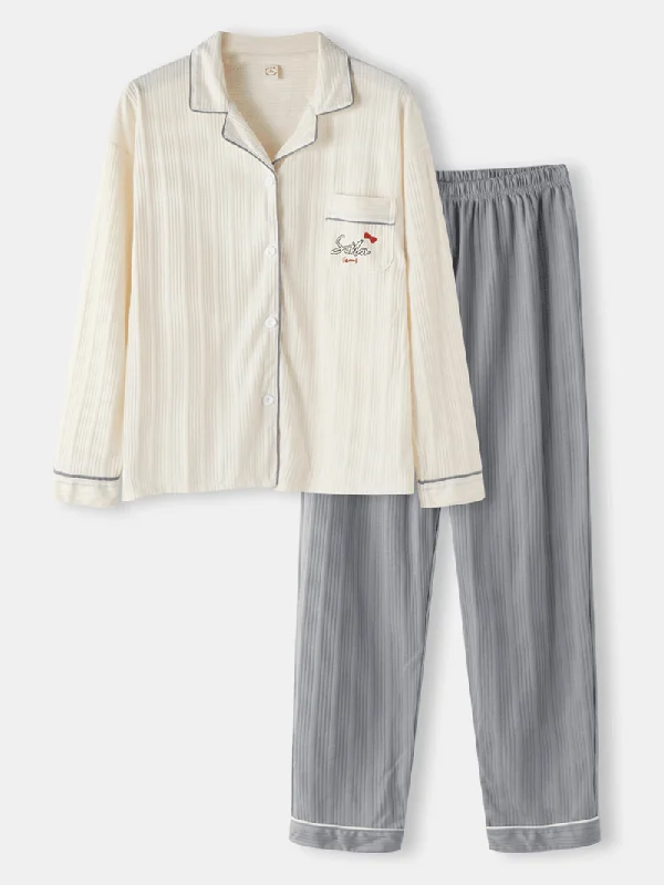 women-ribbed-letter-print-revere-collar-shirt-elastic-waist-pants-home-cotton-pajama-set