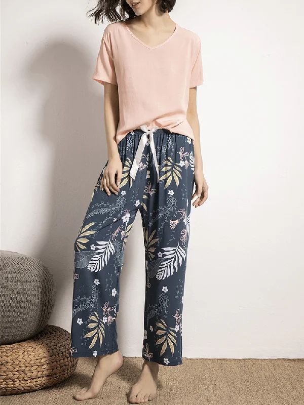 women-short-sleeve-tops-tropical-floral-print-wide-leg-pants-soft-pajama-set