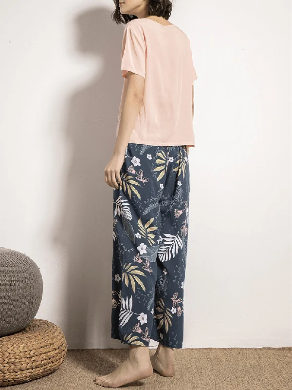 women-short-sleeve-tops-tropical-floral-print-wide-leg-pants-soft-pajama-set