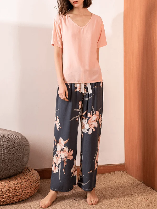 women-short-sleeve-tops-tropical-floral-print-wide-leg-pants-soft-pajama-set