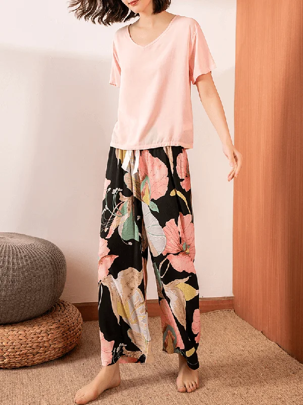 women-short-sleeve-tops-tropical-floral-print-wide-leg-pants-soft-pajama-set