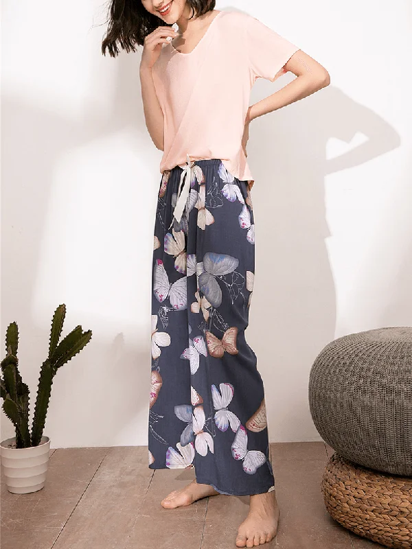 women-short-sleeve-tops-tropical-floral-print-wide-leg-pants-soft-pajama-set