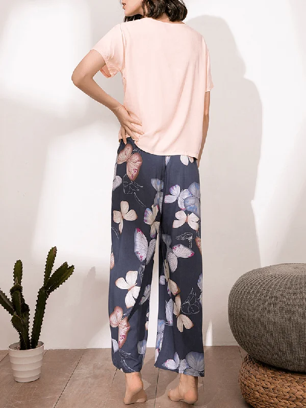 women-short-sleeve-tops-tropical-floral-print-wide-leg-pants-soft-pajama-set