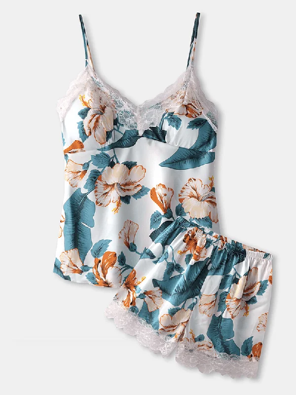 women-sleeveless-tropical-print-lace-trim-v-neck-smooth-home-pajama-set