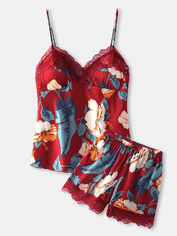 women-sleeveless-tropical-print-lace-trim-v-neck-smooth-home-pajama-set