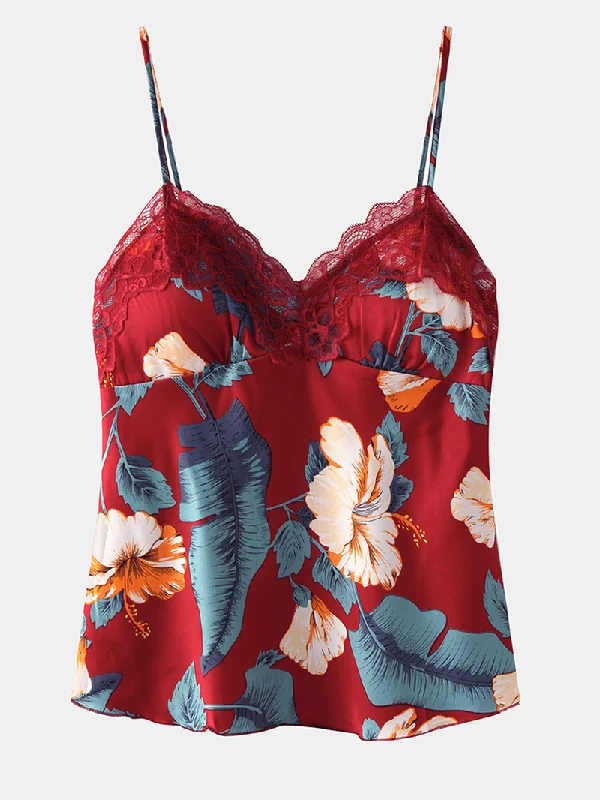 women-sleeveless-tropical-print-lace-trim-v-neck-smooth-home-pajama-set