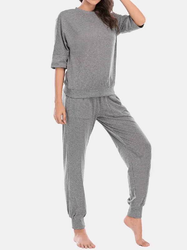 women-solid-color-comfy-casual-3-4-sleeve-top-long-panty-pajama-sets