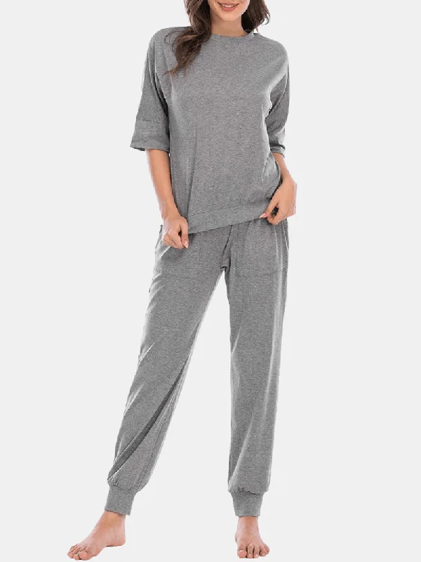 women-solid-color-comfy-casual-3-4-sleeve-top-long-panty-pajama-sets