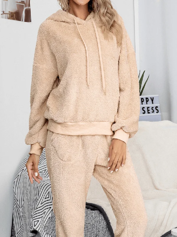 Women Solid Color Fleece Pullover Hoodie Jogger Pants Two-Piece Home Fuzzy Pajamas Set