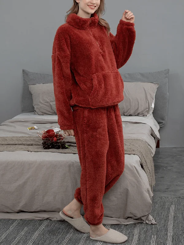 women-solid-color-plush-fluffy-kangaroo-pocket-pullover-jogger-pants-home-pajama-set