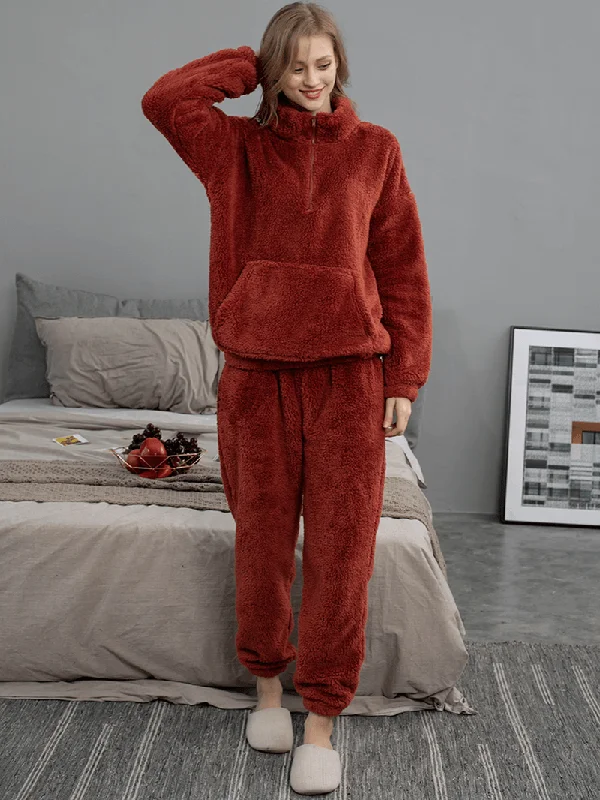 women-solid-color-plush-fluffy-kangaroo-pocket-pullover-jogger-pants-home-pajama-set