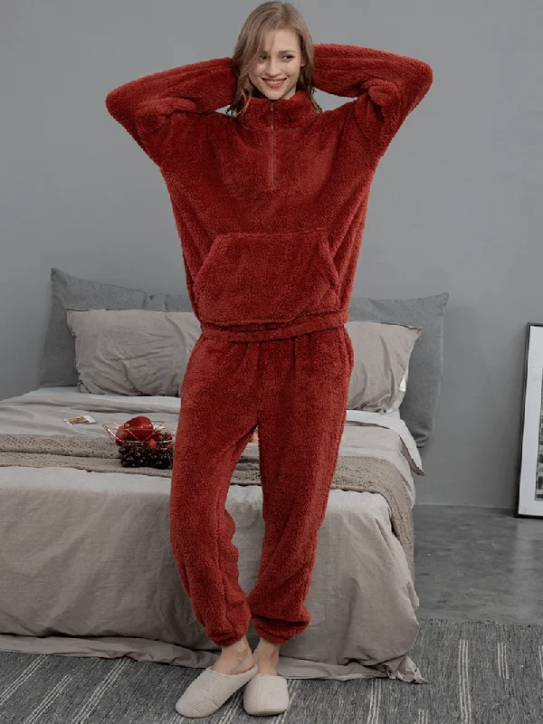 women-solid-color-plush-fluffy-kangaroo-pocket-pullover-jogger-pants-home-pajama-set