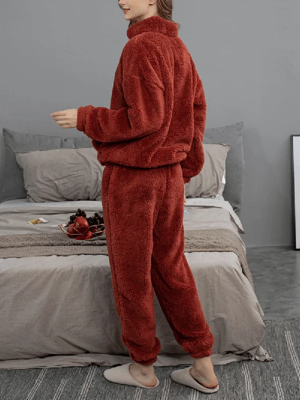 women-solid-color-plush-fluffy-kangaroo-pocket-pullover-jogger-pants-home-pajama-set