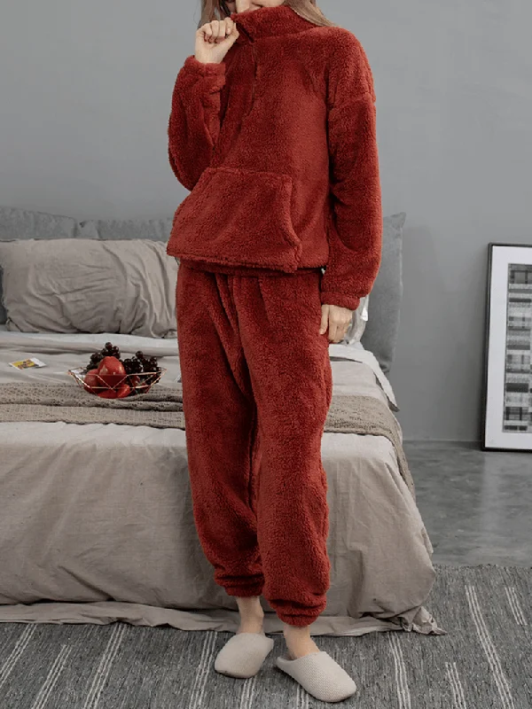 women-solid-color-plush-fluffy-kangaroo-pocket-pullover-jogger-pants-home-pajama-set