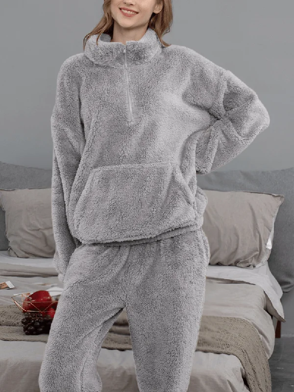 women-solid-color-plush-fluffy-kangaroo-pocket-pullover-jogger-pants-home-pajama-set