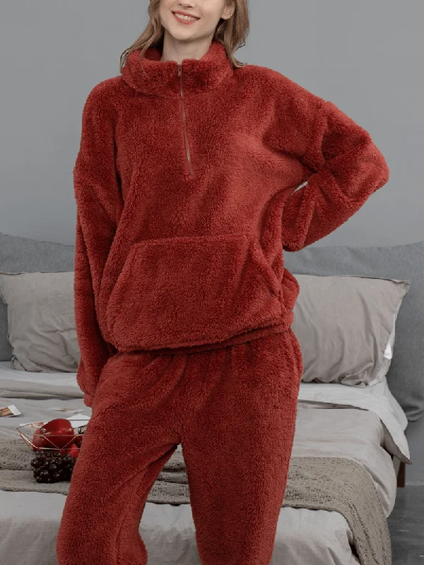 women-solid-color-plush-fluffy-kangaroo-pocket-pullover-jogger-pants-home-pajama-set