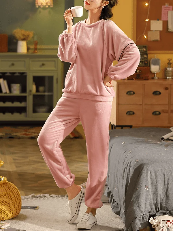 women-solid-color-raglan-sleeves-coral-fleece-pocket-warm-home-pajama-set