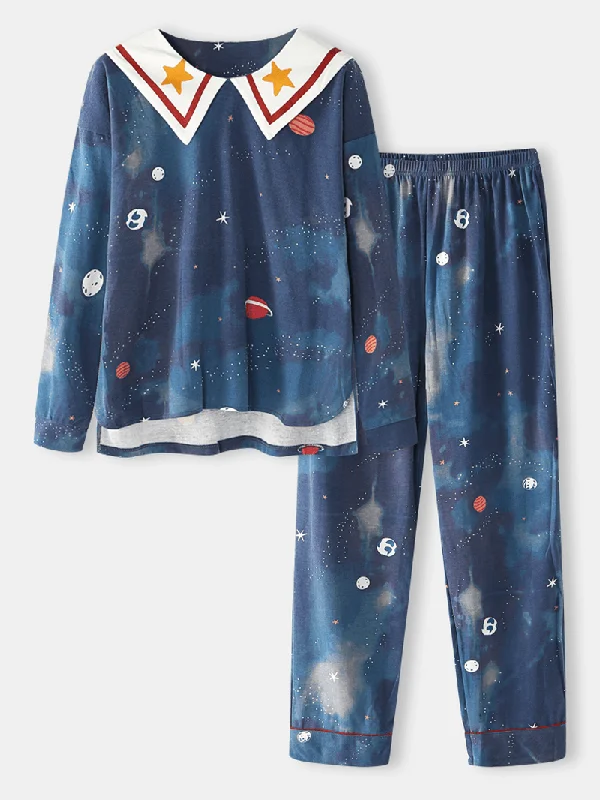 Women Starry Sky Print Cute Pullover Loose Elastic Waist Cartoon Home Pajama Set