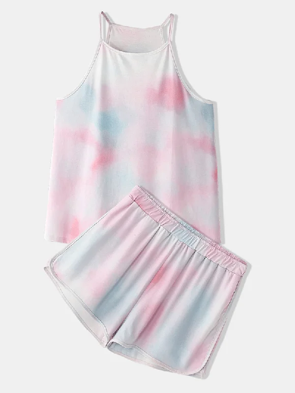 women-tie-dye-colorful-gradient-sleeveless-casual-pajama-set