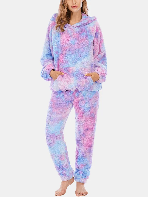 Women Tie Dye Kangaroo Pocket Long Sleeve Fleece Hoodie Loose Pants Home Soft Pajama Set