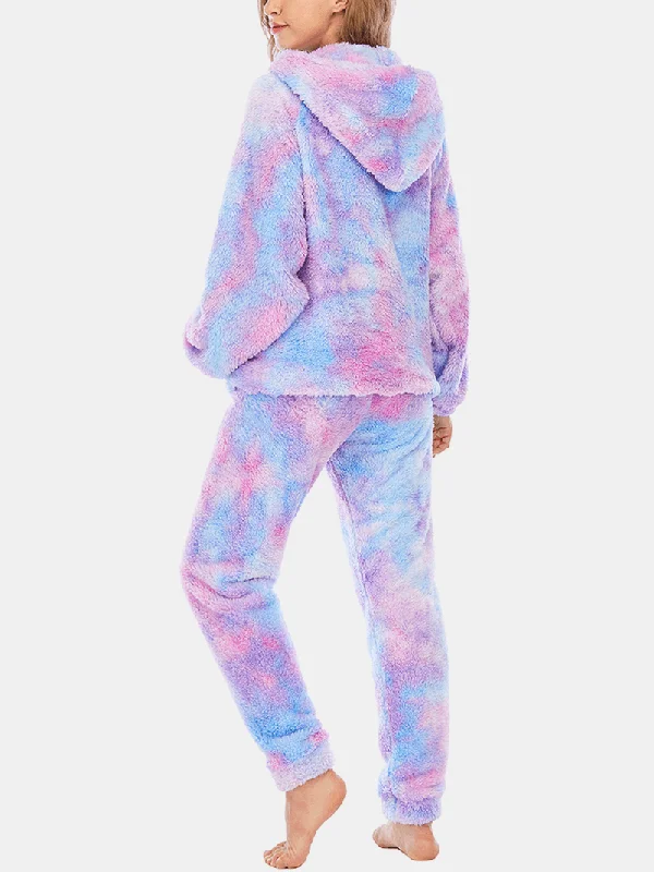 women-tie-dye-kangaroo-pocket-long-sleeve-fleece-hoodie-loose-pants-home-soft-pajama-set