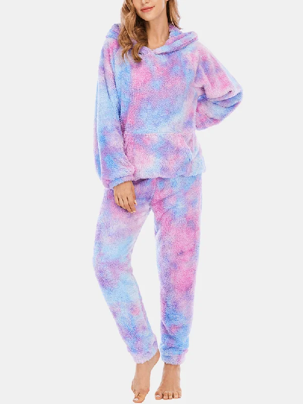 women-tie-dye-kangaroo-pocket-long-sleeve-fleece-hoodie-loose-pants-home-soft-pajama-set