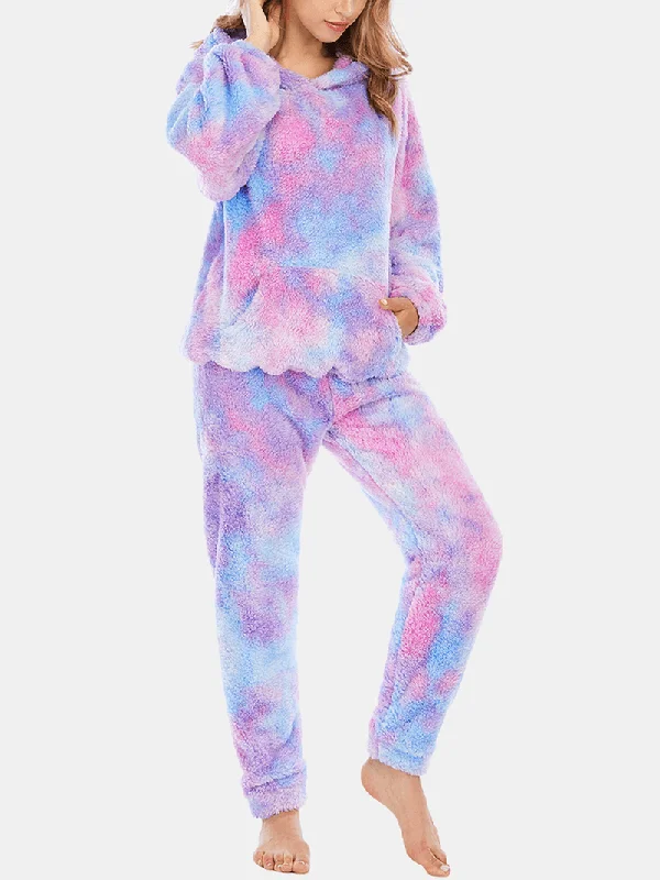 women-tie-dye-kangaroo-pocket-long-sleeve-fleece-hoodie-loose-pants-home-soft-pajama-set