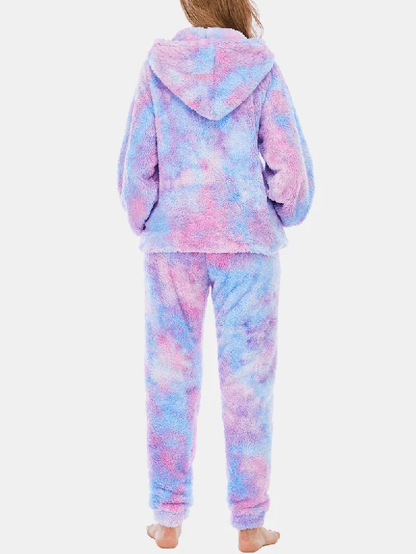 women-tie-dye-kangaroo-pocket-long-sleeve-fleece-hoodie-loose-pants-home-soft-pajama-set