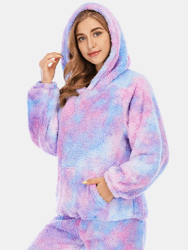 women-tie-dye-kangaroo-pocket-long-sleeve-fleece-hoodie-loose-pants-home-soft-pajama-set