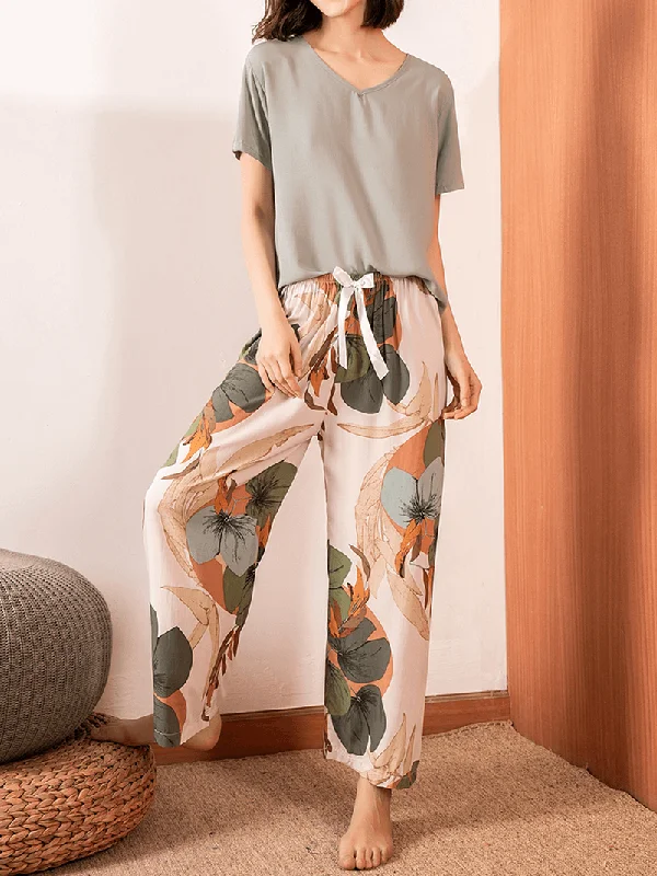 women-v-neck-tops-tropical-plant-print-wide-leg-pants-casual-pajama-set