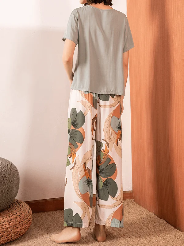 women-v-neck-tops-tropical-plant-print-wide-leg-pants-casual-pajama-set