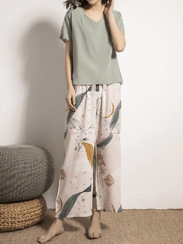 women-v-neck-tops-tropical-plant-print-wide-leg-pants-casual-pajama-set