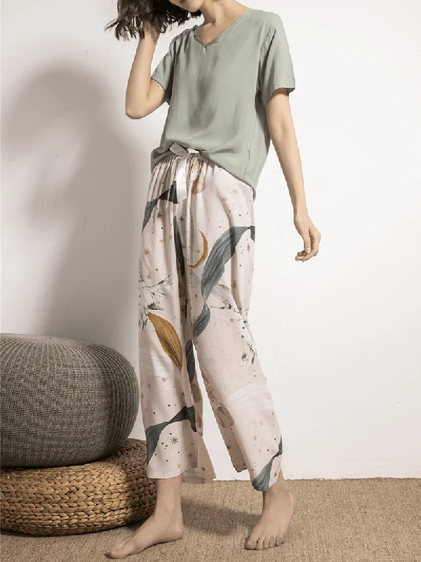 women-v-neck-tops-tropical-plant-print-wide-leg-pants-casual-pajama-set