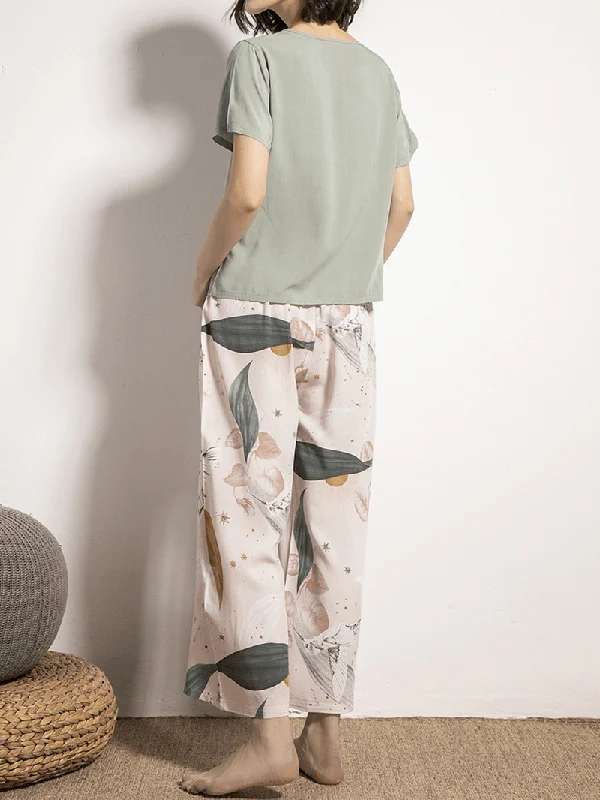 women-v-neck-tops-tropical-plant-print-wide-leg-pants-casual-pajama-set