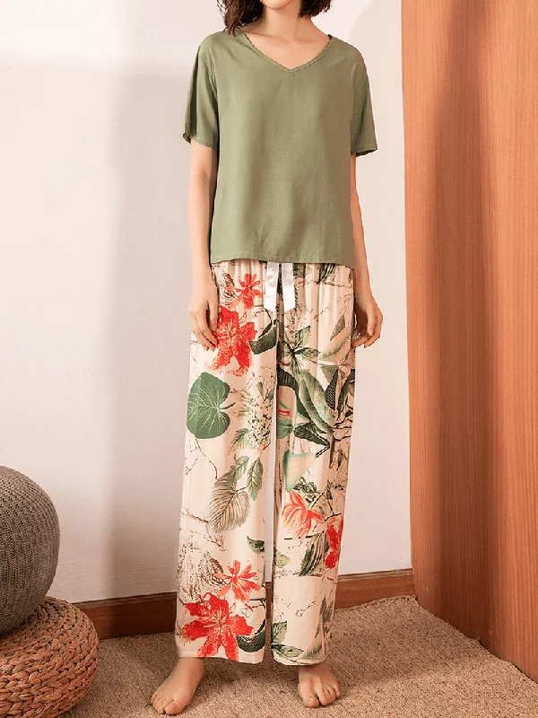 women-v-neck-tops-tropical-plant-print-wide-leg-pants-casual-pajama-set