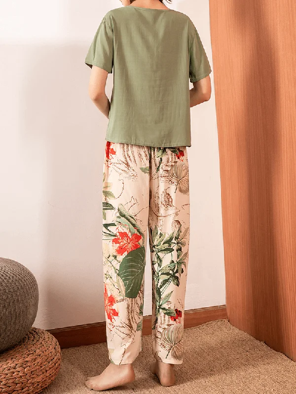 women-v-neck-tops-tropical-plant-print-wide-leg-pants-casual-pajama-set