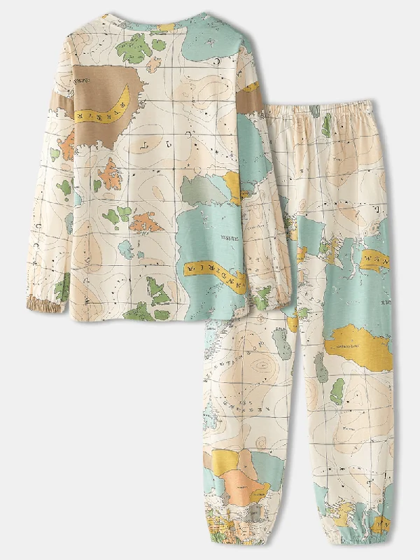 women-world-map-print-round-neck-elastic-waist-jogger-pants-home-pajamas-set