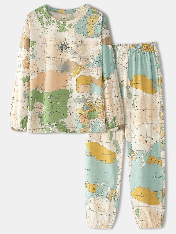 women-world-map-print-round-neck-elastic-waist-jogger-pants-home-pajamas-set