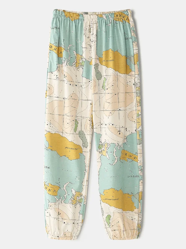 women-world-map-print-round-neck-elastic-waist-jogger-pants-home-pajamas-set