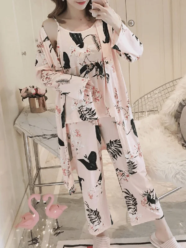 Womens Florral Print Tank Top with Robe Three Piece Home Casual Pajama Set