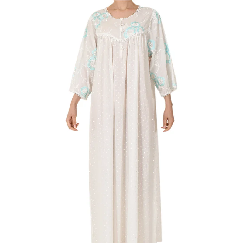 Sally Poppy Night Dress Cotton Ivory/Turqouise