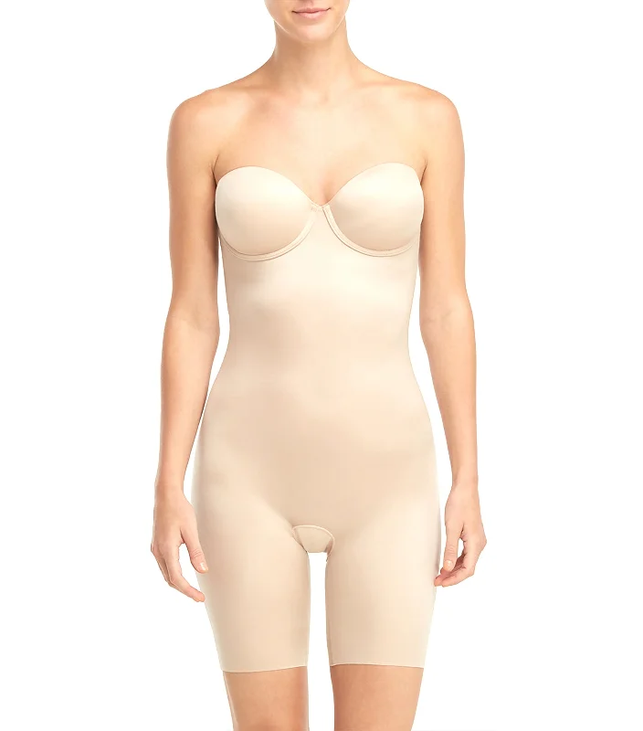 Suit Your Fancy Strapless Cupped Mid-Thigh Bodysuit Champagne Beige