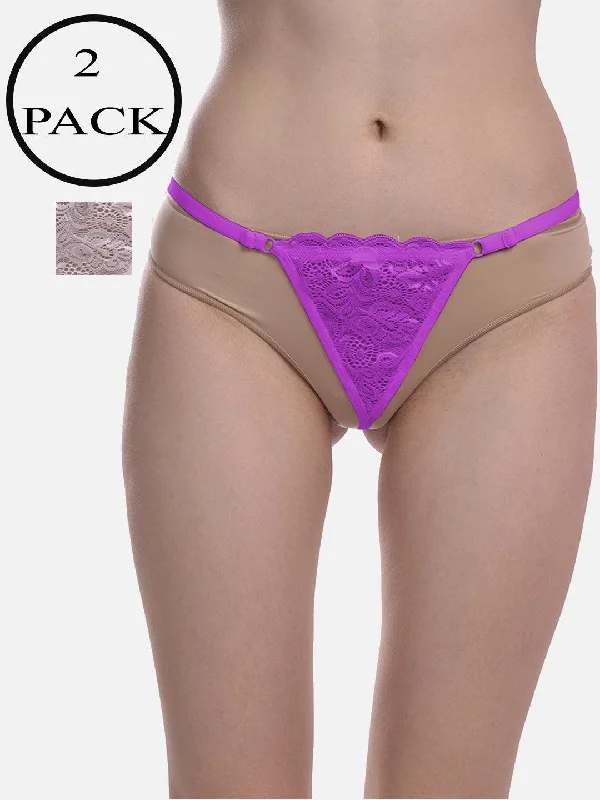 Women Elastane Floral Lace G-string Thong Panty Pack of 2 Multicolor Free-Size