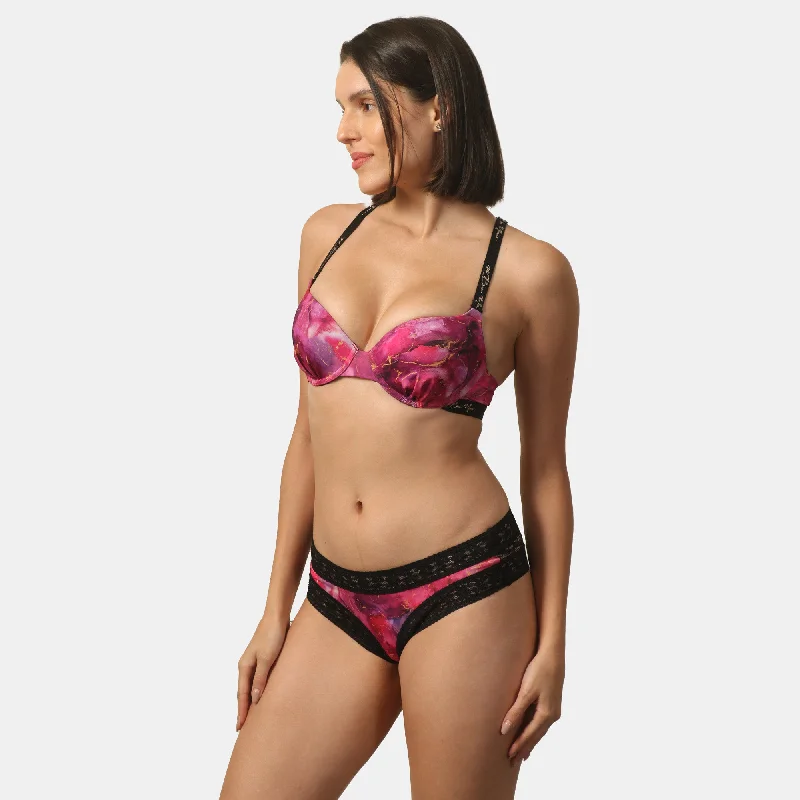 Padded Wired Medium Coverage Printed Bra with Mid Rise Lace Back Printed Cheekini Panty- SET FB-558/ FP-1558