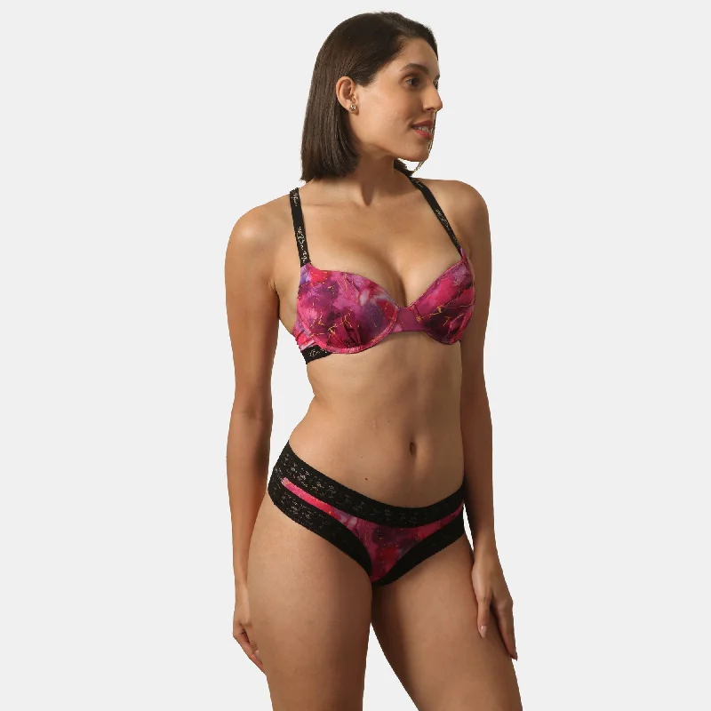 Padded Wired Medium Coverage Printed Bra with Mid Rise Lace Back Printed Cheekini Panty- SET FB-558/ FP-1558