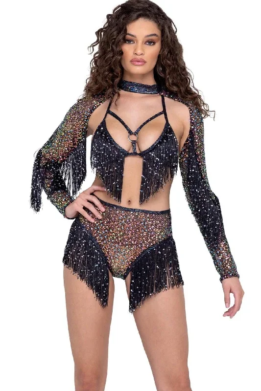 Sequin Fishnet Shrug with Fringe Detail